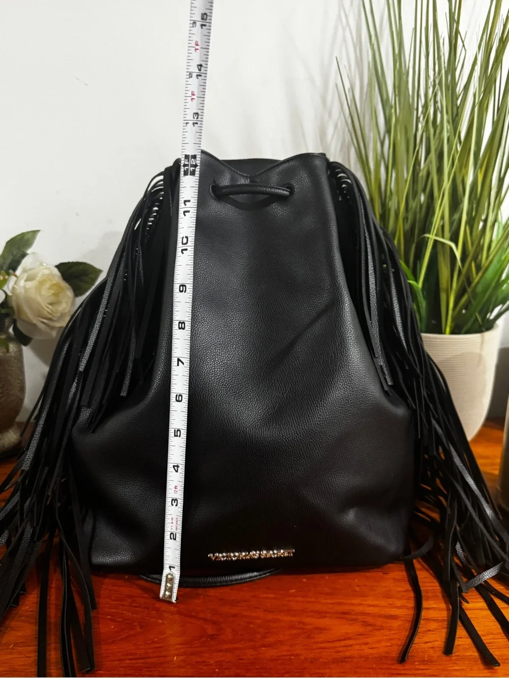 Victoria's Secret Black Fringe Drawstring Backpack